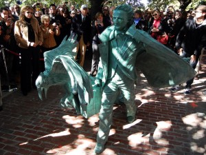 A bronze life-size statue of Edgar Allen Poe created by Stephanie Rocknack was unveiled during a ceremony Sunday at the corner of Boylston Street and Charles Street South. PHOTO BY WILLA RUSOWICZ-ORAZEM/DAILY FREE PRESS CONTRIBUTOR