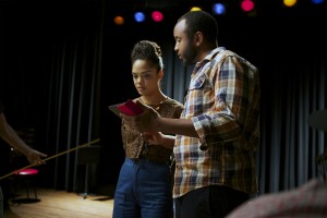 Director Justin Simien talks with actress Tessa Thompson on the set of "Dear White People." PHOTO COURTESY OF ROADSIDE ATTRACTIONS
