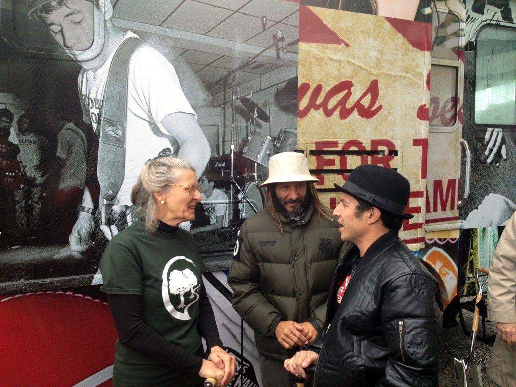 Charles River Conservancy President Renata von Tscharner speaks to professional skateboarders Tony Alva and Christian Hosoi during the groundbreaking ceremony for the Lynch Family Skate Park. PHOTO BY DREW SCHWARTZ/DAILY FREE PRESS STAFF