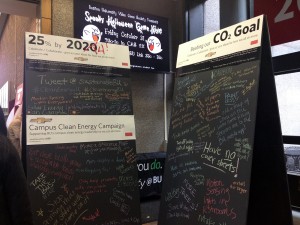 Boston University students wrote about actions they could take to reduce climate change at the George Sherman Union Link for National Sustainability Day Wednesday. PHOTO BY MINA CORPUZ/DAILY FREE PRESS STAFF