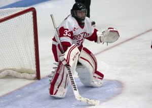 Sophomore goaltender Victoria Hanson recorded 15 saves in BU's 5-2 win over St. Cloud State University on Oct. 3. PHOTO BY MICHELLE JAY/DFP FILE PHOTO