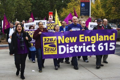 Boston University maintenance workers marched from Marsh Plaza to the BU Administrative Offices on 1 Silber Way Tuesday for the second time this semester to protest for better wages and job contracts. PHOTO BY KYRA LOUIE/DAILY FREE PRESS STAFF