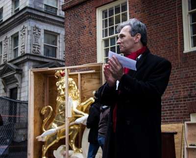 Brian LeMay, president of the Bostonian Society, speaks after the restored statues are revealed at the Old State House. PHOTO BY ALEXANDRA WIMLEY/DAILY FREE PRESS STAFF