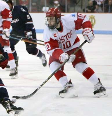 BU junior forward Danny O'Regan had two goals and an assist against the University of Connecticut. (PHOTO BY MAYA DEVEREAUX/DAILY FREE PRESS STAFF)