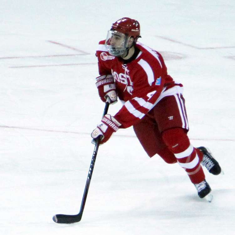 Defenseman Brandon Hickey assisted on freshman Jack Eichel's tying goal against Boston College.
PHOTO BY MAYA DEVEREAUX/DAILY FREE PRESS STAFF
