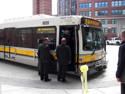 The Massachusetts Department of Transportation, in conjunction with the Massachusetts Bay Transportation Authority, began servicing its first fleet of 60 hybrid buses Wednesday at Haymarket Square. PHOTO COURTESY OF MASSDOT