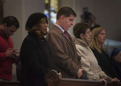Boston Mayor Martin Walsh mourns the loss of former Mayor Thomas Menino Sunday at the Cathedral of the Holy Cross. PHOTO BY MIKE DESOCIO/DAILY FREE PRESS STAFF