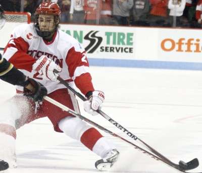 Junior forward Ahti Oksanen had two goals in Saturday's 5-2 win against UConn. (PHOTO BY MAYA DEVEREAUX/DAILY FREE PRESS STAFF)