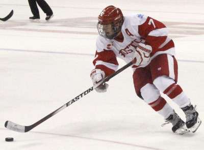 Senior assistant captain Cason Hohmann scored a power-play goal in the second period against UConn Saturday afternoon. PHOTO BY MAYA DEVEREAUX/DAILY FREE PRESS