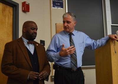 Boston University Dean of Students Kenneth Elmore and Chief Thomas G. Robbins of the BU Police Department hosted a Town Hall Safety Meeting Wednesday night at the College of General Studies to address student safety concerns on- and off-campus. PHOTO BY ERIN BILLINGS/DAILY FREE PRESS STAFF