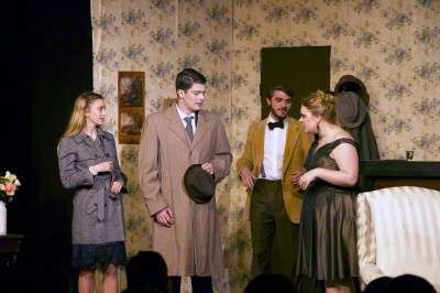 Isabella Walpole (COM ’15), Kyle Tague (COM ’16), Kyle Mitchell (CAS ’16) and Emily Prescott (CAS/SED ‘16) perform as Honey, Nick, George and Martha in Boston University Stage Troupe's production of "Who's Afraid of Virginia Woolf?" Saturday night at the Agganis Student Theater. PHOTO BY OLIVIA NADEL/DAILY FREE PRESS STAFF