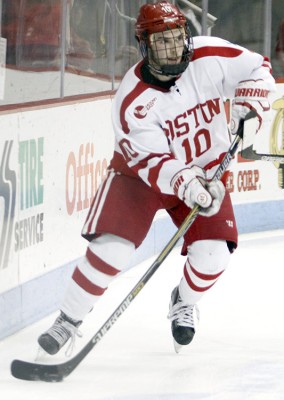 Junior forward Danny O'Regan's overtime goal helped the Terriers punch their ticket to the Beanpot championship game for the first time in three years.  PHOTO BY MAYA DEVEREAUX/DAILY FREE PRESS STAFF