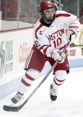 Junior Danny O'Regan recorded his first-career collegiate hat trick in a 4-2 win over Merrimack College on Saturday night.  PHOTO BY MAYA DEVEREAUX/DAILY FREE PRESS STAFF