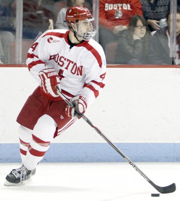 Freshman defenseman Brandon Hickey scored his first collegiate goal against Merrimack College on Saturday. PHOTO BY MAYA DEVEREAUX/DAILY FREE PRESS STAFF