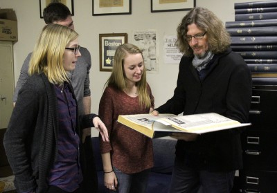 Ernie Boch Jr. visits The Daily Free Press office Tuesday to meet the staff and deliver a check for $50,000, which he donated after the newspaper announced it was in debt in November. PHOTO BY SARAH SILBIGER/DAILY FREE PRESS STAFF