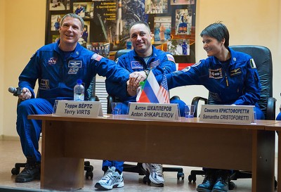 NASA astronaut Terry Virts, Russian cosmonaut Anton Shkaplerov and European Space Agency astronaut Samantha Cristoforetti arrived at the International Space Station last week. PHOTO COURTESY OF NASA.GOV