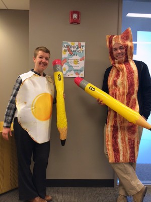 Stacy Ulrich, director of the Office of Student Programs and Leadership at Boston University, and Matt Lengen, program manager in OSPL, dress up in anticipation for BU’s first Midnight Breakfast planned for Wednesday. PHOTO COURTESY OF STACY ULRICH