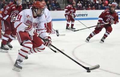 Freshman forward Pat Curry recorded two points against Harvard. PHOTO BY MADDIE MALHOTRA/ DAILY FREE PRESS STAFF 