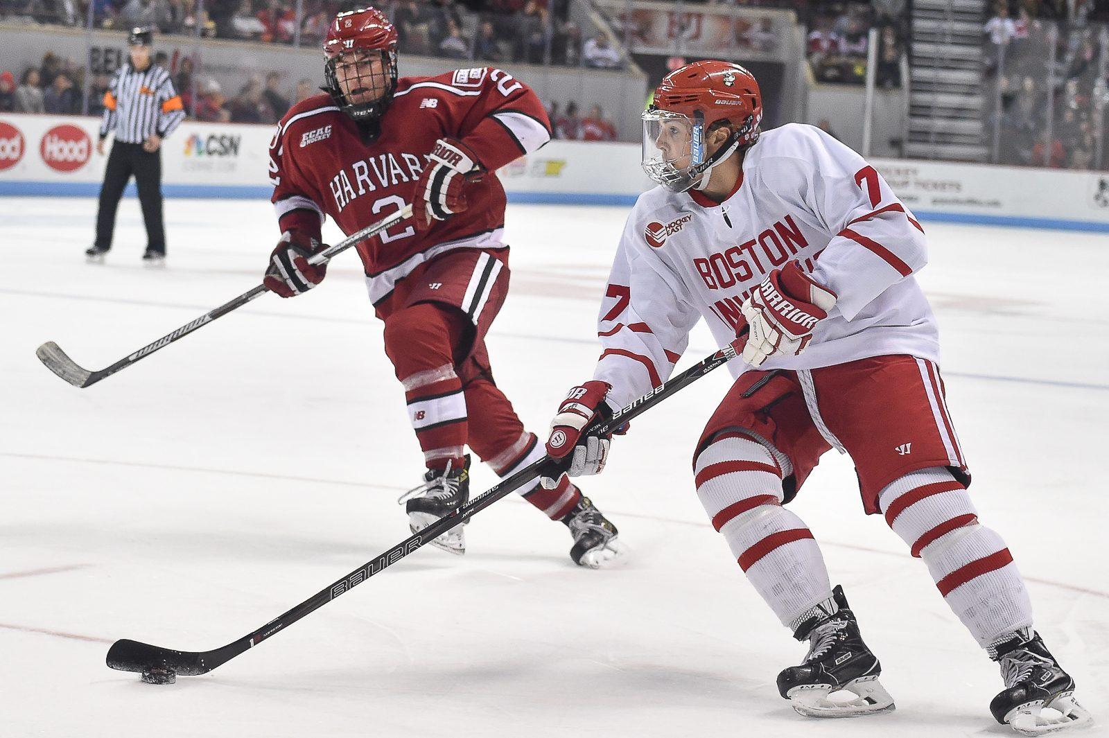 Sophomore defenseman Charlie McAvoy hopes to raise his first trophy as a Terrier. PHOTO BY MADDIE MALHOTRA/DAILY FREE PRESS