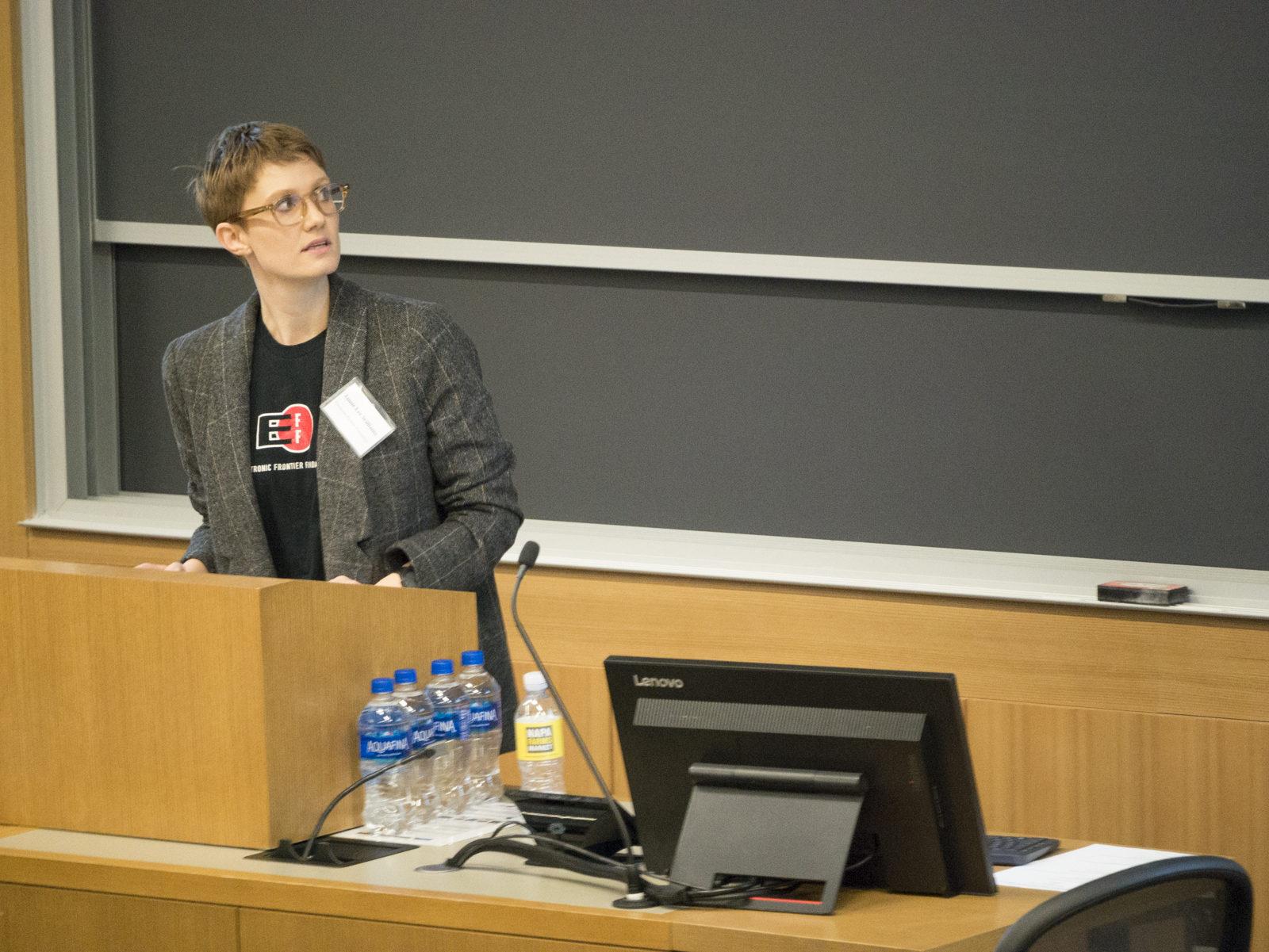 Jamie Lee Williams of the Electronic Frontier Foundation speaks at an event called "Governing the Internet: Public Access, Private Regulation" on Tuesday. PHOTO BY FELIX PHILLIPS/ DAILY FREE PRESS STAFF