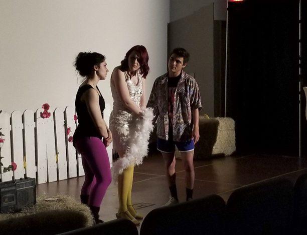 Bridget Cohen, Mary Rolfes and Chris Dominguez rehearse the play “Milk Milk Lemonade.” The play ends its run Saturday. PHOTO BY JUNE KIM/DAILY FREE PRESS STAFF 
