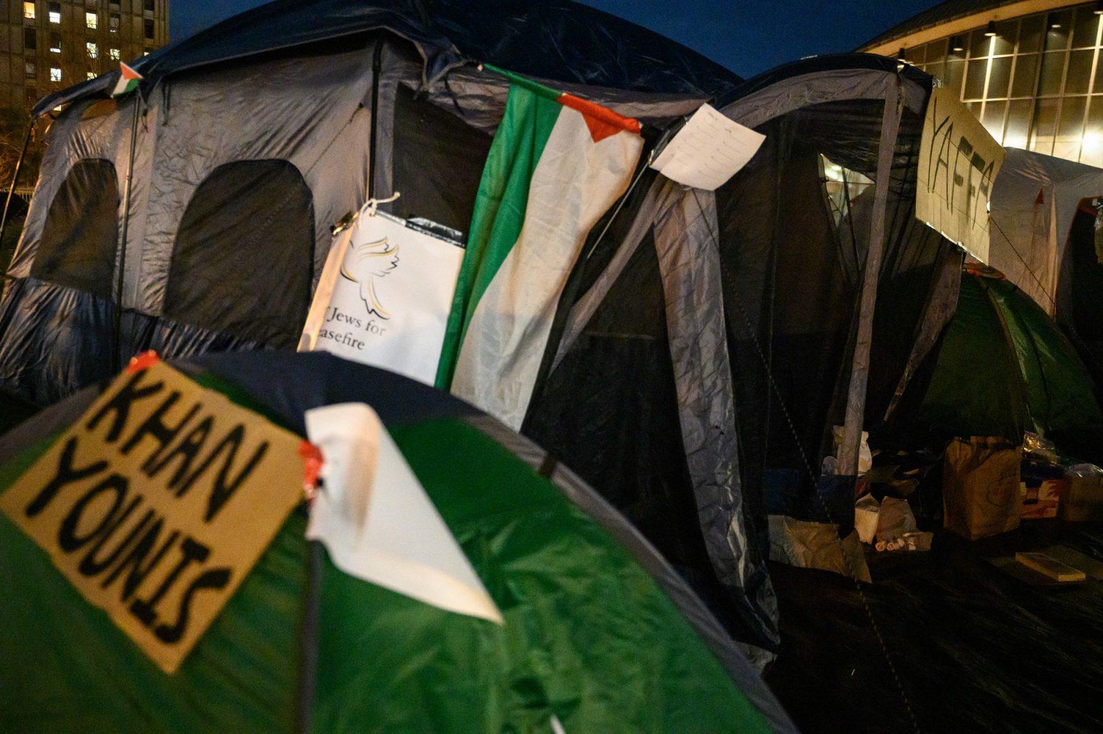 Tents in a pro-Palestinian encampment at Massachusetts Institute of Technology on April 23. After more than 100 demonstrators at Columbia University were arrested during a pro-Palestinian encampment protest last Thursday, university students are now setting up their own encampments after Columbia called for students to replicate the protest. ANDREW BURKE-STEVENSON/DFP PHOTOGRAPHER