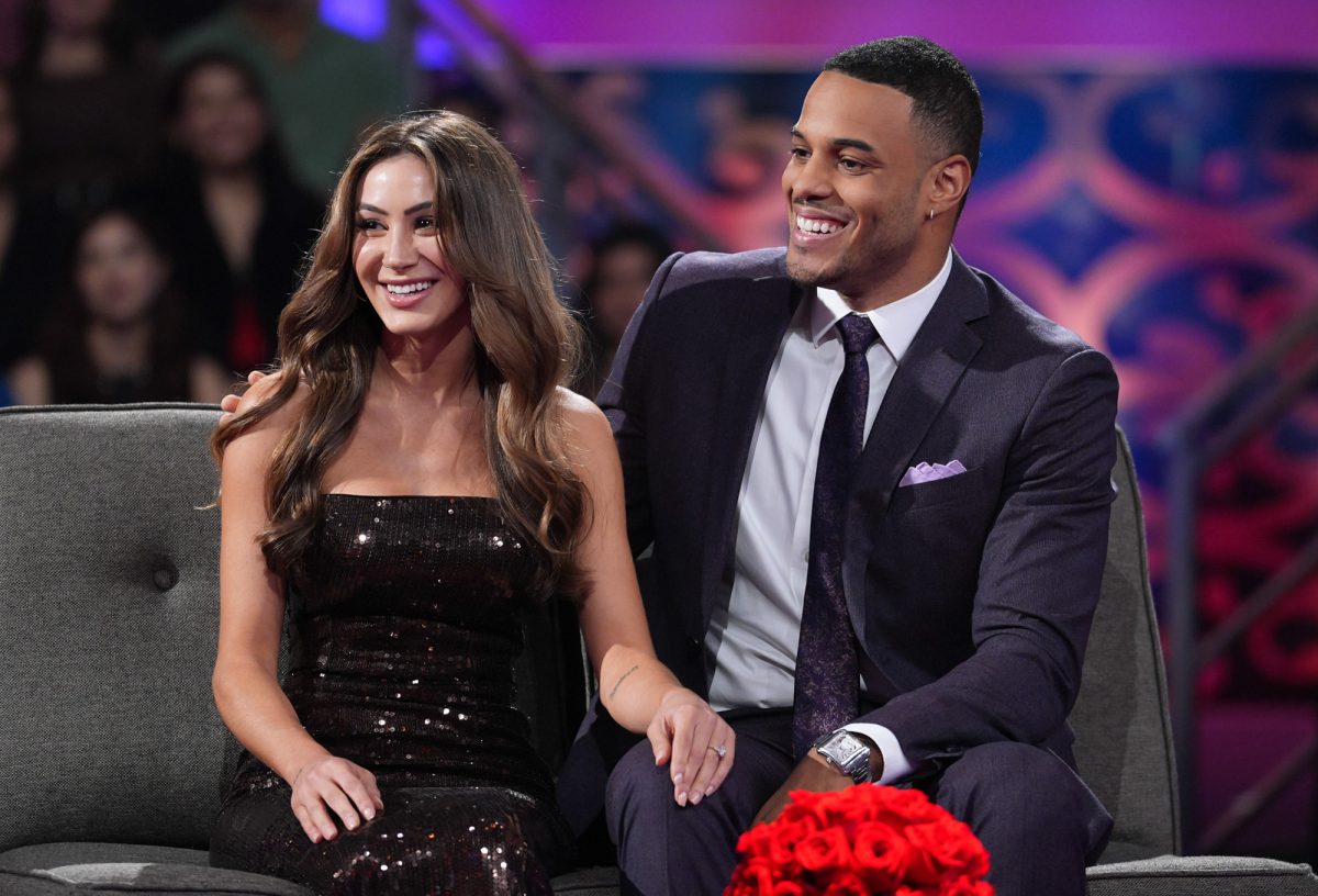 Juliana Pasquarosa and Grant Ellis during the “Finale and After the Final Rose” episode of “The Bachelor.” With the engagement, Pasquarosa became the first-ever winner in franchise history hailing from Massachusetts. COURTESY OF THE BACHELOR