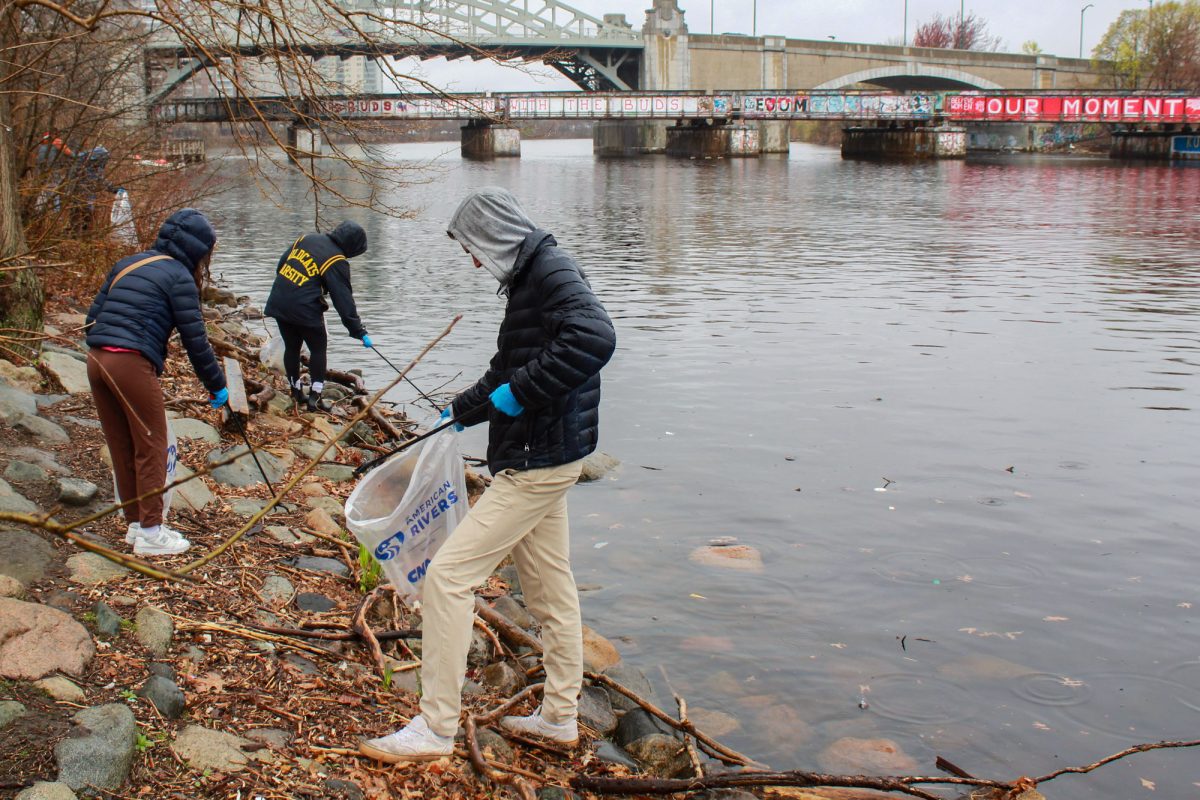 Volunteers pick up trash along the Charles River during the Charles River Watershed Association’s national Earth Day cleanup April 20, 2024. Despite the rain, over 3,500 people gathered April 26 to clear trash and invasive plants from green spaces surrounding the Charles River and its tributaries.