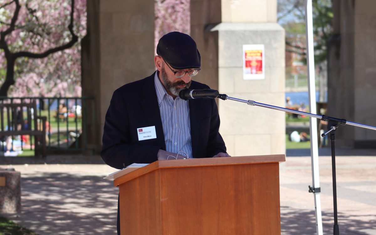 International Student Advisor Chris Moca at Marsh Plaza. Boston University’s chapter of Hillel honored Yom HaShoah, or Holocaust Remembrance Day, Thursday by reading the names of Holocaust victims. 