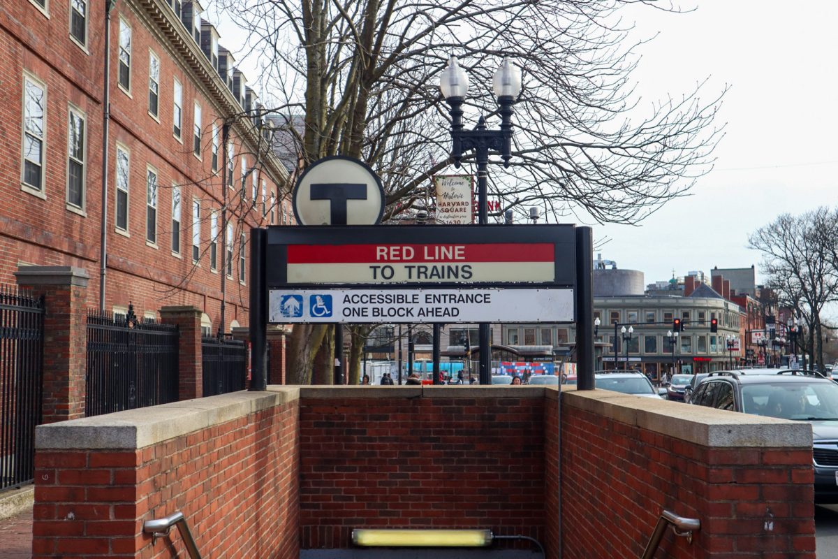 An entrance to the Harvard Red Line station. The Red Line will be closed for track maintenance and replaced with shuttle bus and train services during April.