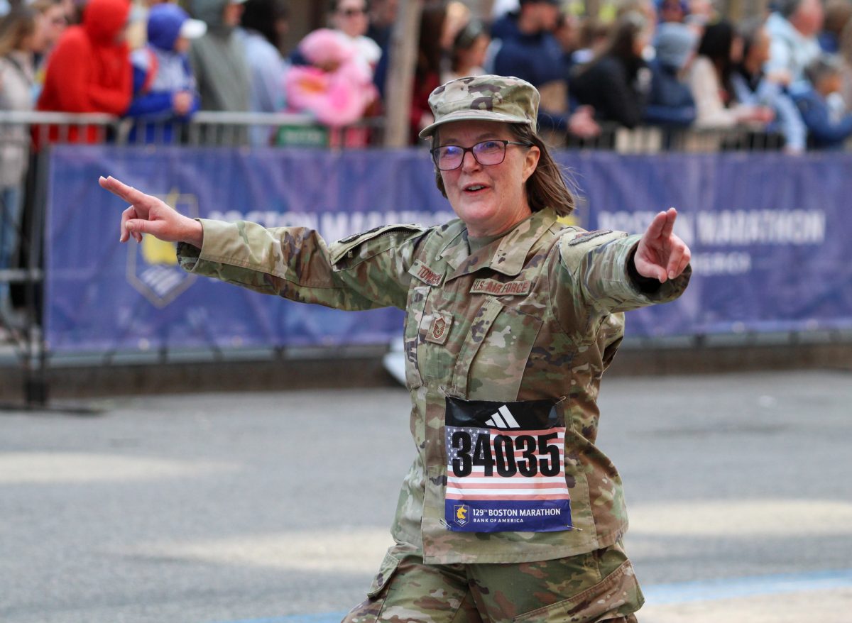A U.S. Air Force member participating in the Boston Marathon. 