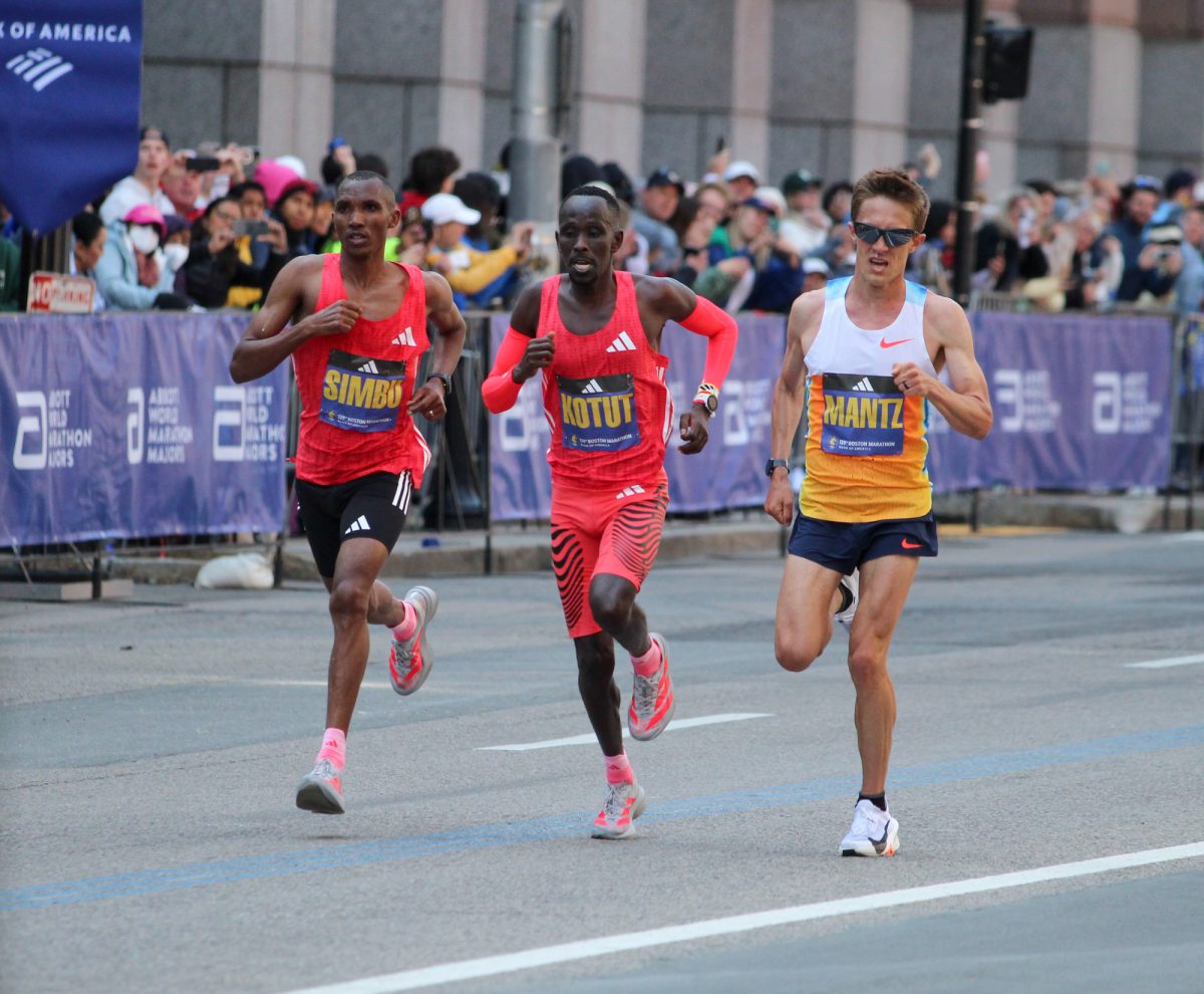 Alphonce Felix Simbu (left), Cybrian Kotut (middle) and Conner Mantz (right) running in the Boston Marathon. The 129th Boston Marathon took place on Monday. 