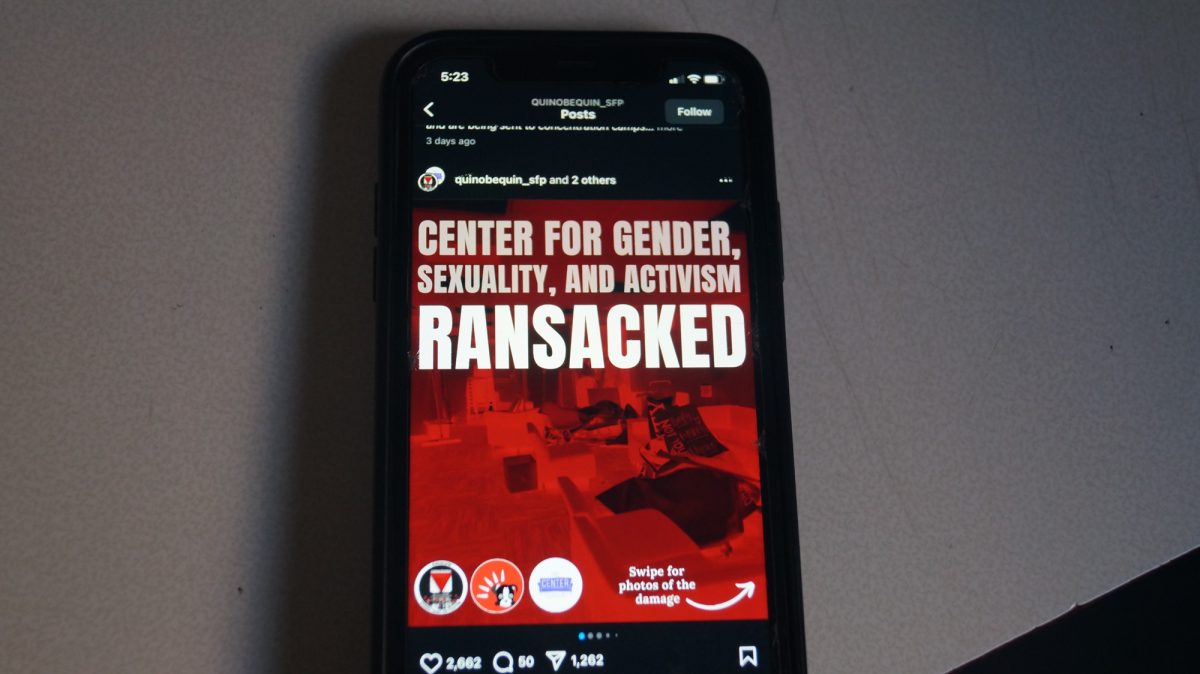 An Instagram post from Quinobequin Student Front For Palestine. The Center for Gender, Sexuality and Activism was vandalized March 27.