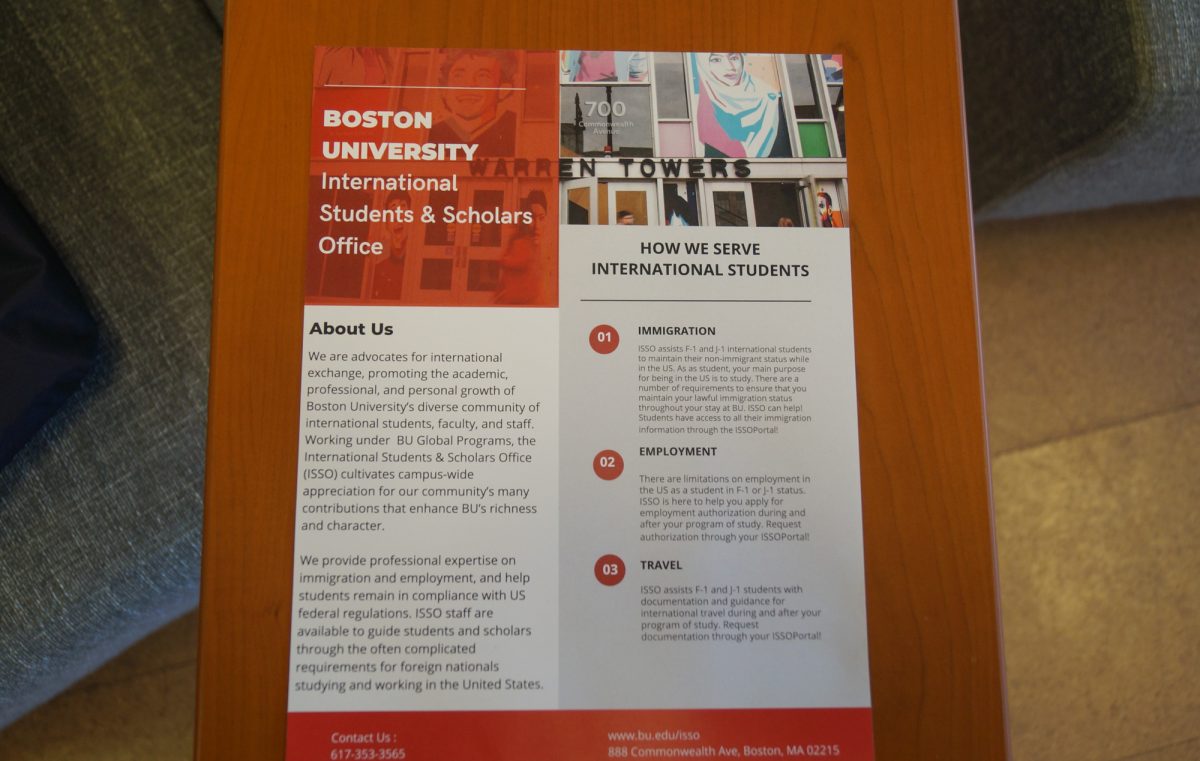 Poster in the lobby of Boston University International Students and Scholars Office. A federal judge in Boston granted a temporary restraining order Friday preventing Immigration and Customs Enforcement from “arresting or detaining” a Boston University student whose visa and legal status were revoked.