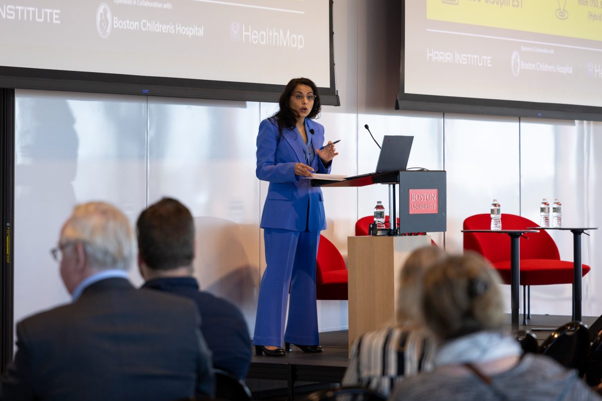 Nahid Bhadelia speaks at an introductory conference at Boston University Center for Computing and Data Sciences. Biothreats Emergence, Analysis, and Communications Network officially launched April 24 during the conference. COURTESY OF CENTER ON EMERGING INFECTIOUS DISEASES 
