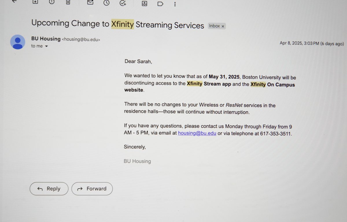 Email from Boston University housing informing students that they will be “discontinuing access to the Xfinity Stream app and the Xfinity One Campus website.” The discontinuation will officially take effect on May 31, leaving students with just a month and a half more to use the BU-provided version of the service.