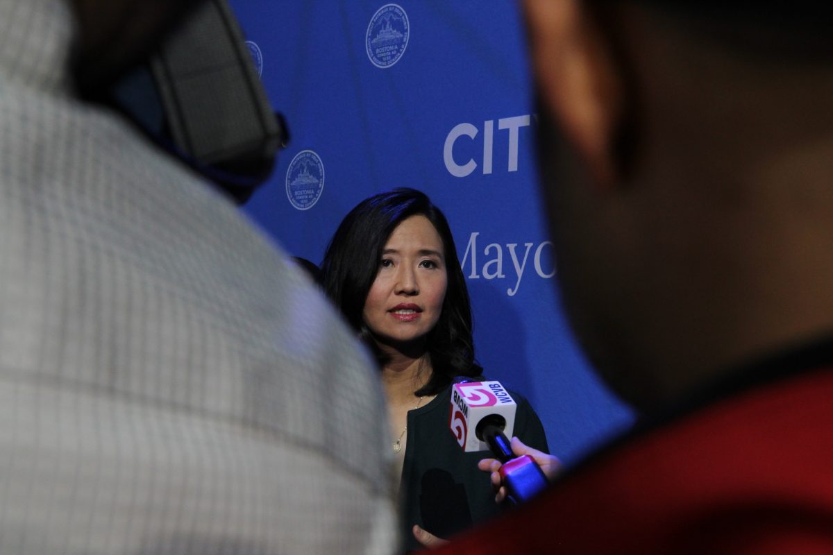 Boston Mayor Michelle Wu addresses reporters after her City Address March 19. Wu filed her Fiscal Year 2026 annual operating budget and five-year 2026-2030 Capital Plan Wednesday, revealing a $4.8 billion operating budget for 2026 and a $4.5 billion capital plan.