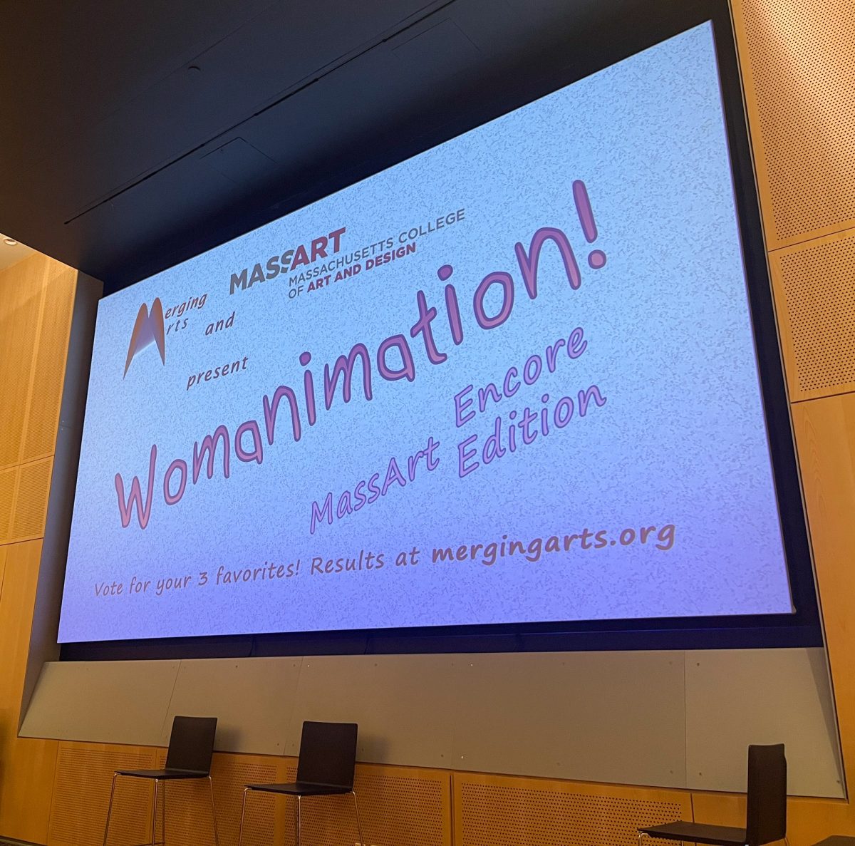 Presentation at the Merging Art Productions’ Womanimation MassArt Encore Film Festival. Hosted at the Massachusetts College of Art and Design, the film festival was held April 5 as a collaboration between the college’s animation department and a nonprofit called Merging Arts Productions.
