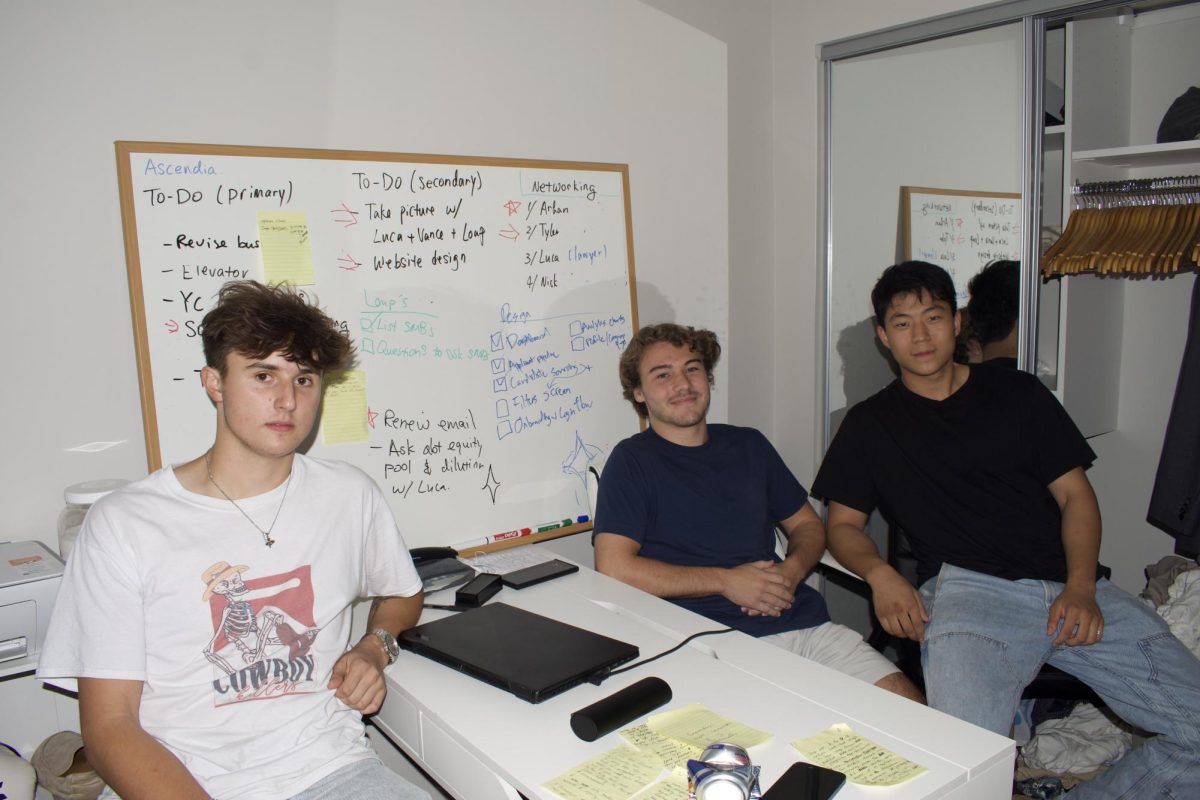 BU juniors Luca Piekarski (left) and Loup Wang (right) collaborated with Wang’s high school friend and University of Alabama senior Vance Spears (middle) to create Ascendia, a job-searching platform specialized for college students. Set to launch by the end of May, Ascendia uses artificial intelligence to make the job and internship application process more efficient. 