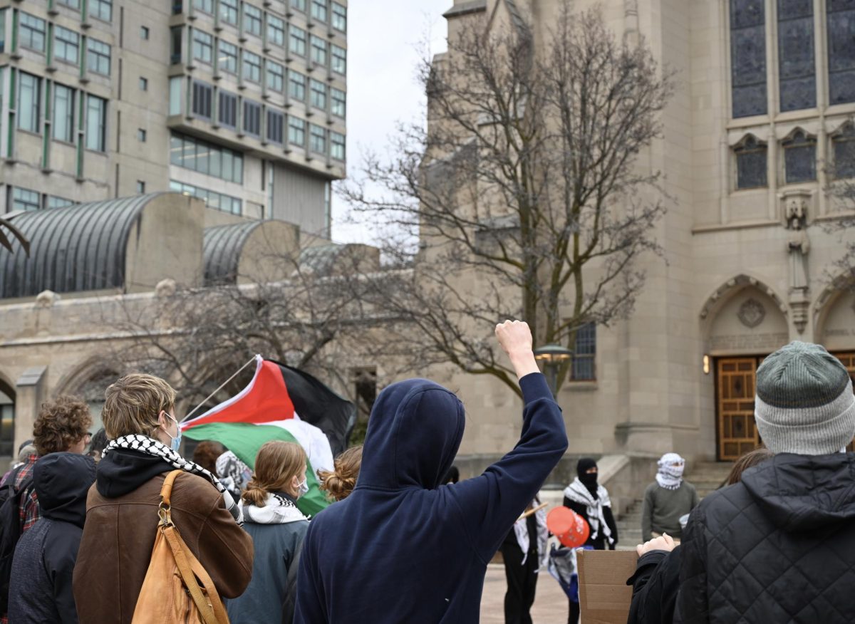 Members of Boston University’s former Students for Justice in Palestine rally at Marsh Plaza March 5 after being placed on probation by the Student Activities Office. SJP and BU’s chapter of Young Democratic Socialists of America both faced disciplinary action from SAO during the spring semester. 