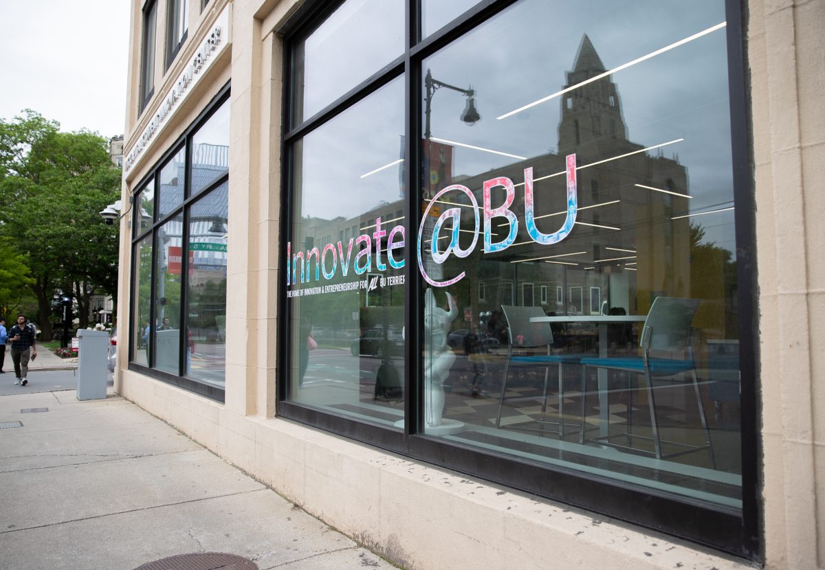 The outside of Innovate@BU on Commonwealth Avenue. The center provides students with the tools and funding needed to pursue projects and develop entrepreneurial skills regardless of their academic major or background. 