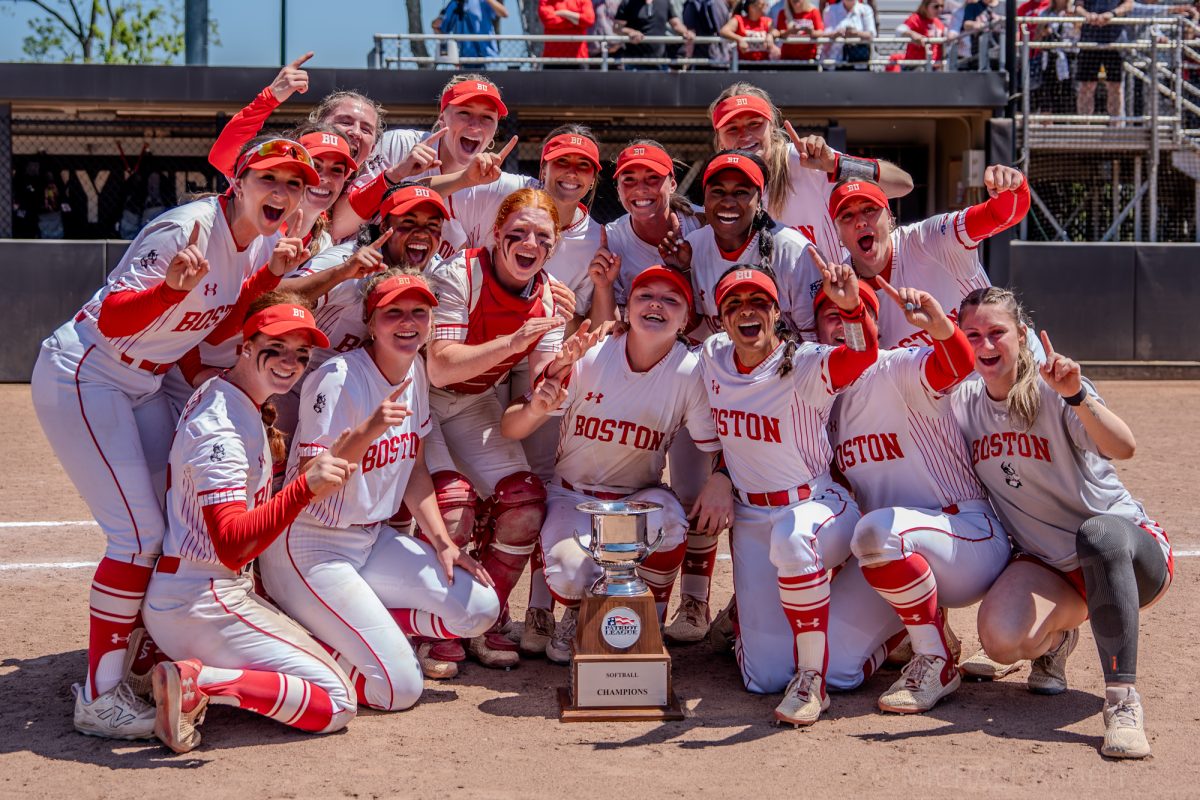 The No. 2 Boston University softball team (39-19, 14-4 Patriot League) celebrates its victory against the No. 1 Army West Point Black Knights (35-22, 16-2 PL) May 11. This was the Terriers’ third consecutive and eighth overall Patriot League tournament championship, a meaningful title after a tricky 2025 season. 
