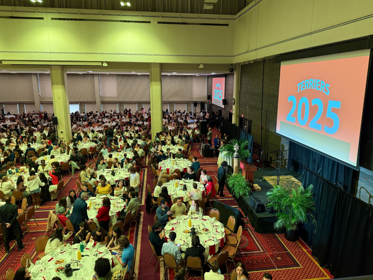 
Students gathered in the Metcalf Ballroom at the George Sherman Union for the annual Senior Breakfast, where they heard from several guest speakers and performers. President Melissa Gilliam announced the Commencement speaker as well as three honorary degree recipients.
