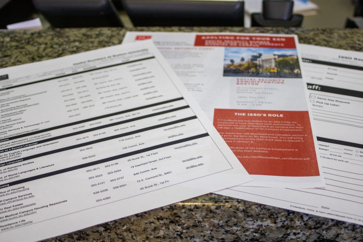 Informational handouts and forms from Boston University’s International Students and Scholars office. Multiple student organizations at Boston University are calling for BU to declare itself a sanctuary campus in light of the Trump administration’s stricter immigration policies.