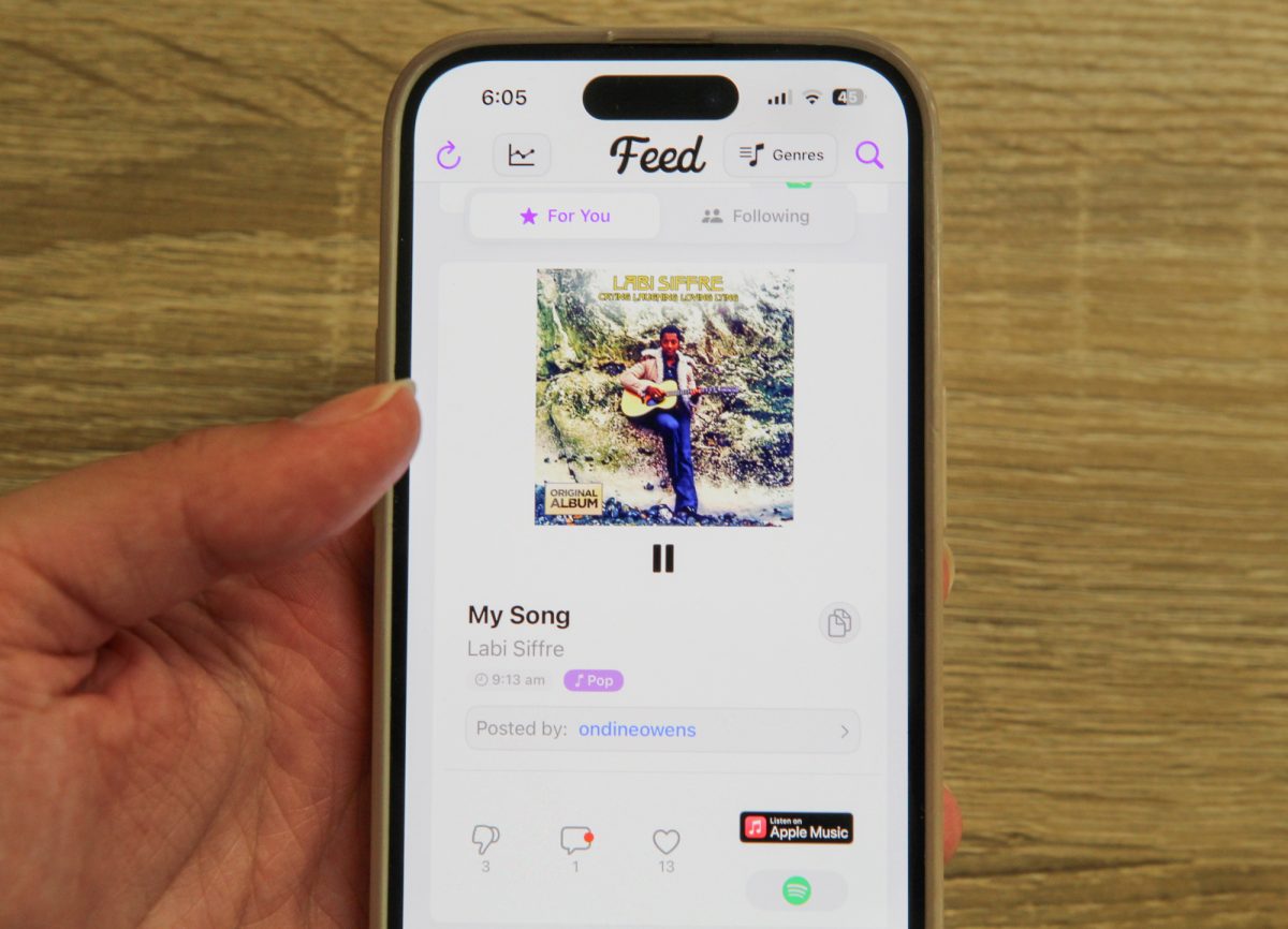 The feed in the Sway app. Sway is an app where each day users post one song and can view, like and dislike the songs posted by their friends, allowing users to discover new music.