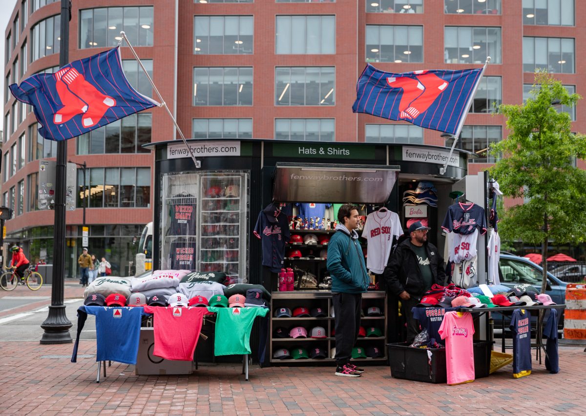 Vendors selling Red Sox merch at Kenmore Square, across the street from BU’s Marciano Commons. 