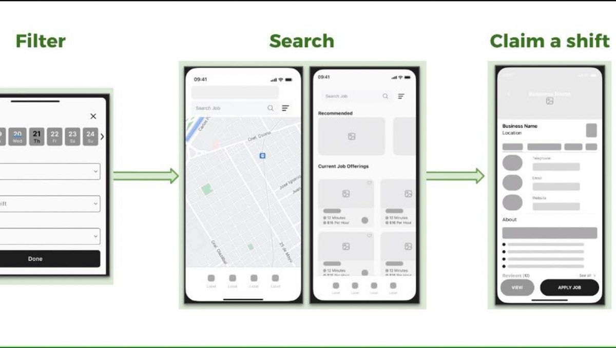 A snapshot of Shiftly AI’s jobfinding system. The platform aims to connect students with restaurant jobs that match up with their demanding schedules. 