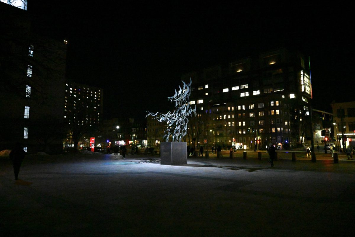 Marsh Plaza at night. Boston University was recently named the safest campus after dark, earning a 73 out of 100 safety score. 