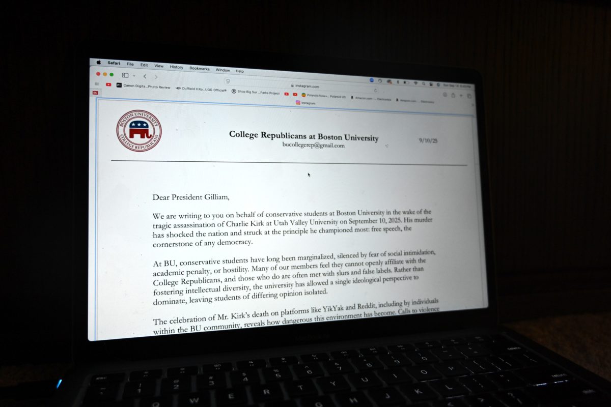 The letter Boston University College Republicans wrote to BU President Melissa Gilliam, posted on the organization’s Instagram. The message urged a campus-wide protection of political discourse and a crackdown on violence following the assassination of Charlie Kirk, a conservative political activist known for debating students on college campuses. 