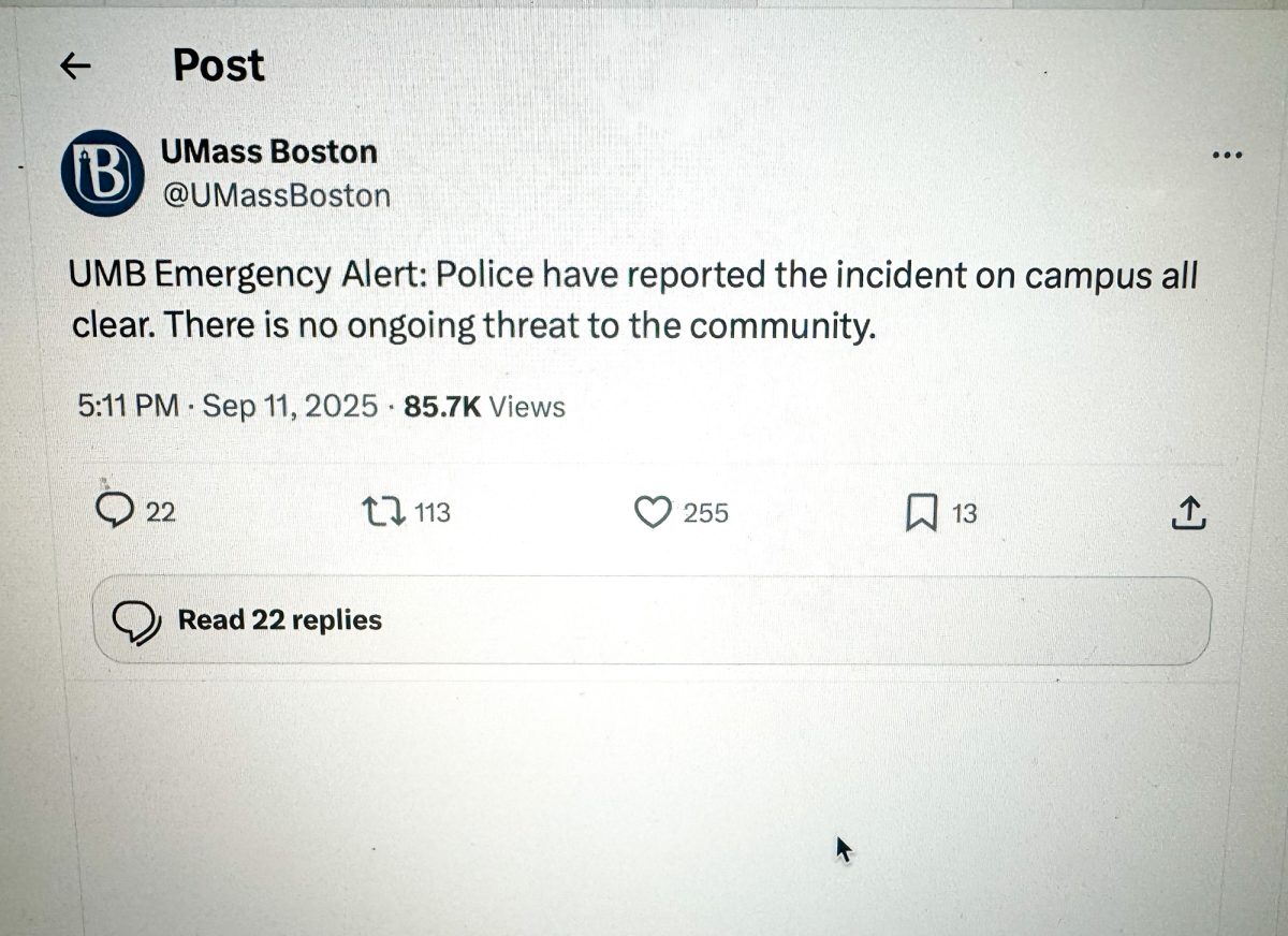 A twitter announcement by University of Massachusetts Boston regarding the reported shooting on campus. The incident follows a series of recent shooter threats and shootings on college campuses across the country.  